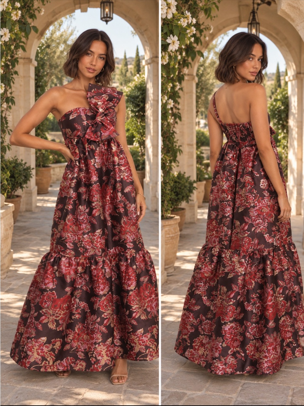Petal & Pup Burgundy Floral One-Shoulder Maxi Dress